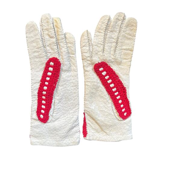 Vintage Red Crochet and White Leather Gloves Womens Size 7 - Picture 6 of 11